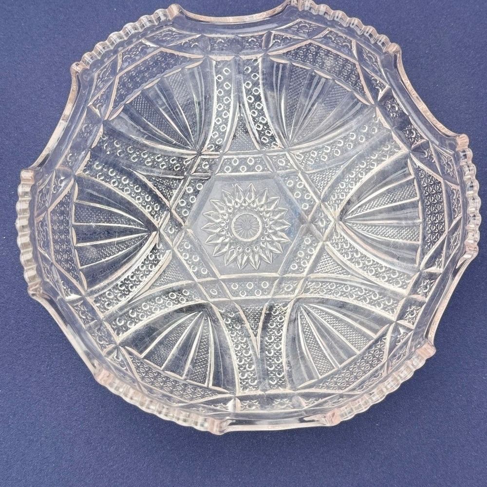Antique EAPG Clear Pressed Glass Scalloped Bowl Starburst Geometric Pattern